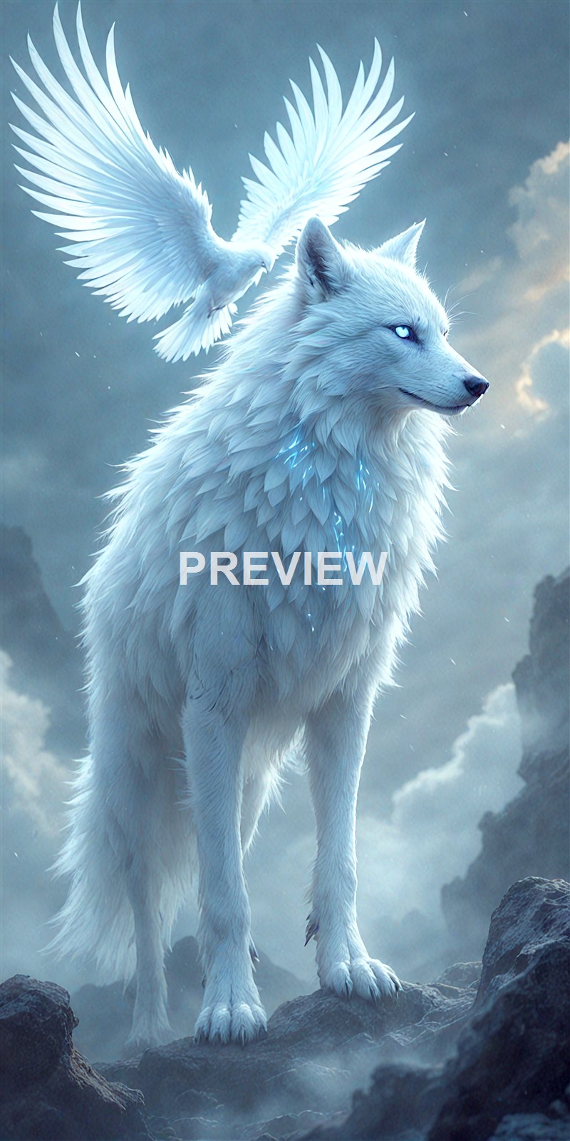 A majestic white wolf with glowing blue eyes stands on rocky terrain beneath a cloudy sky, accompanied by a white bird with outstretched wings hovering above its back.